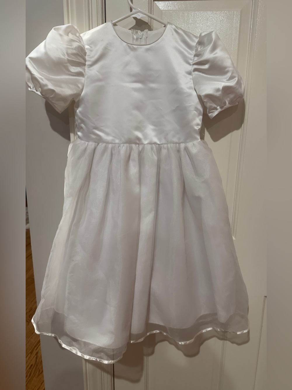 Girls White Satin & Organza Party Dress with Puff Sleeves